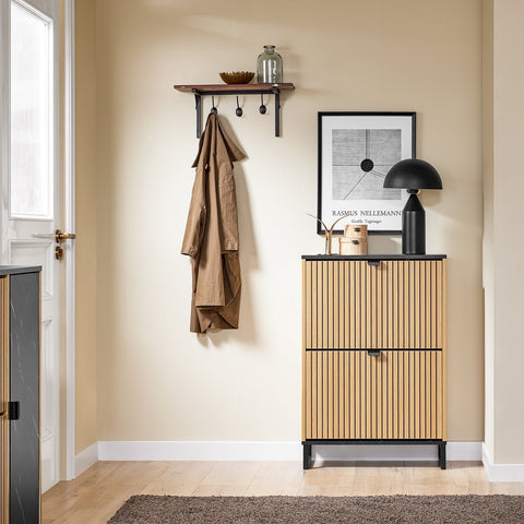 Rootz Shoe Cabinet - Slim Shoe Storage - Narrow Shoe Rack - Holds 8-12 Pairs - E1-MDF & PB - 60cm x 88cm x 24cm - Black Marble Look