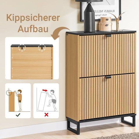 Rootz Shoe Cabinet - Slim Shoe Storage - Narrow Shoe Rack - Holds 8-12 Pairs - E1-MDF & PB - 60cm x 88cm x 24cm - Black Marble Look