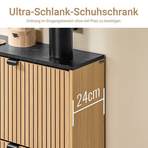 Rootz Shoe Cabinet - Slim Shoe Storage - Narrow Shoe Rack - Holds 8-12 Pairs - E1-MDF & PB - 60cm x 88cm x 24cm - Black Marble Look