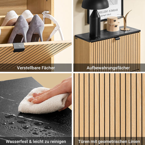 Rootz Shoe Cabinet - Slim Shoe Storage - Narrow Shoe Rack - Holds 8-12 Pairs - E1-MDF & PB - 60cm x 88cm x 24cm - Black Marble Look