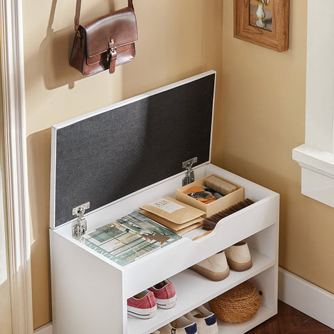 Rootz Shoe Bench with Seat - Shoe Rack - Hallway Cabinet - White Chipboard - PU Cushion - Durable & Secure - 60cm x 30cm x 44cm