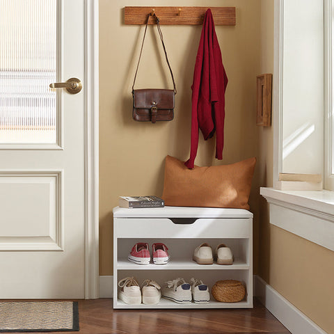 Rootz Shoe Bench with Seat - Shoe Rack - Hallway Cabinet - White Chipboard - PU Cushion - Durable & Secure - 60cm x 30cm x 44cm
