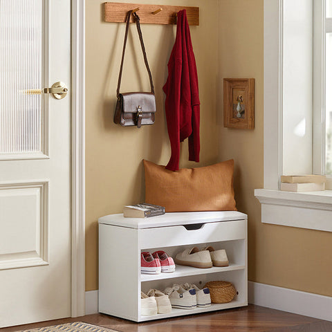 Rootz Shoe Bench with Seat - Shoe Rack - Hallway Cabinet - White Chipboard - PU Cushion - Durable & Secure - 60cm x 30cm x 44cm