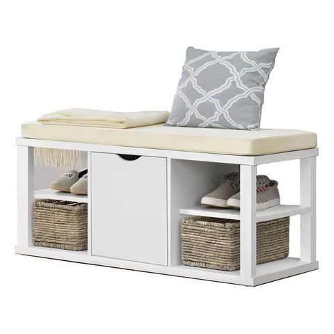 Rootz Gangbank met opbergruimte - Bedbank - Garderobebank - Krasbestendig melamine - Comfortabele witte zitkussens - Stabiel en veelzijdig - 94 cm x 45 cm x 40 cm