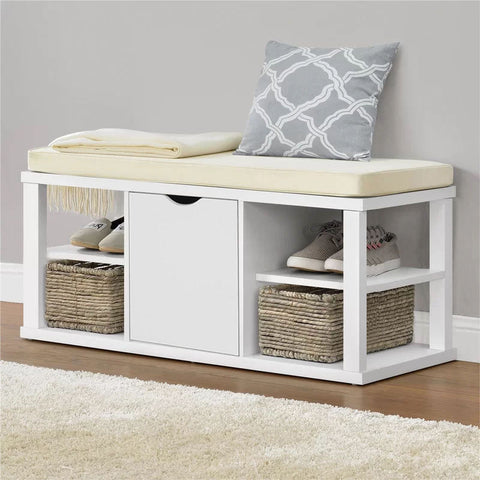 Rootz Gangbank met opbergruimte - Bedbank - Garderobebank - Krasbestendig melamine - Comfortabele witte zitkussens - Stabiel en veelzijdig - 94 cm x 45 cm x 40 cm