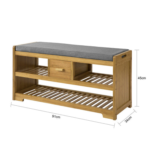 Rootz Bamboo Shoe Bench with Cushion - Shoe Rack - Storage Bench - 2 Shelves and Drawer - Space-Saving - Comfortable Seating - Eco-Friendly - 91cm x 45cm x 34cm