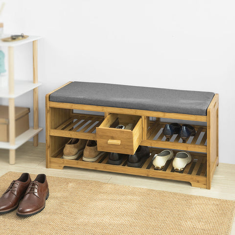 Rootz Bamboo Shoe Bench with Cushion - Shoe Rack - Storage Bench - 2 Shelves and Drawer - Space-Saving - Comfortable Seating - Eco-Friendly - 91cm x 45cm x 34cm