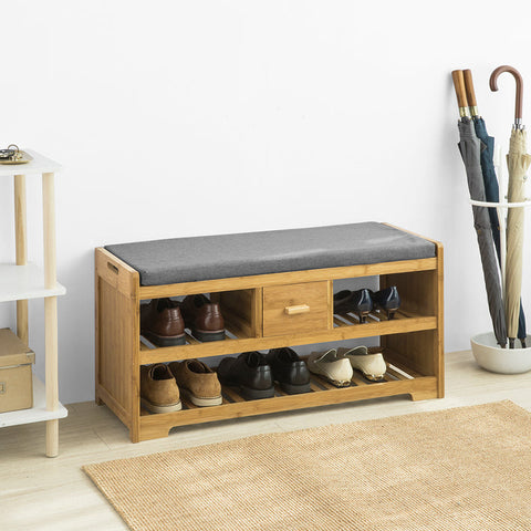 Rootz Bamboo Shoe Bench with Cushion - Shoe Rack - Storage Bench - 2 Shelves and Drawer - Space-Saving - Comfortable Seating - Eco-Friendly - 91cm x 45cm x 34cm