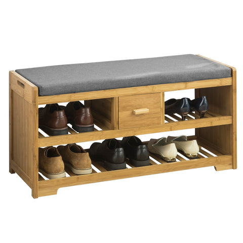 Rootz Bamboo Shoe Bench with Cushion - Shoe Rack - Storage Bench - 2 Shelves and Drawer - Space-Saving - Comfortable Seating - Eco-Friendly - 91cm x 45cm x 34cm