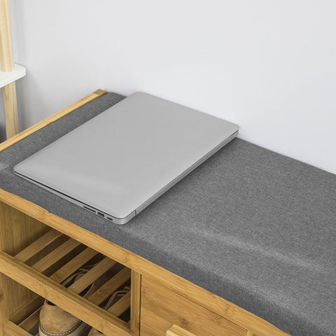 Rootz Bamboo Shoe Bench with Cushion - Shoe Rack - Storage Bench - 2 Shelves and Drawer - Space-Saving - Comfortable Seating - Eco-Friendly - 91cm x 45cm x 34cm