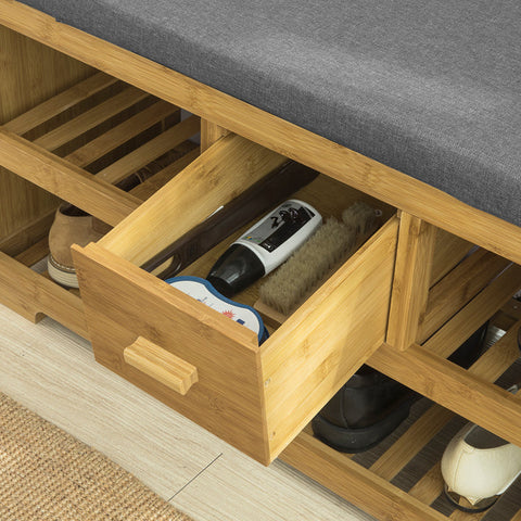 Rootz Bamboo Shoe Bench with Cushion - Shoe Rack - Storage Bench - 2 Shelves and Drawer - Space-Saving - Comfortable Seating - Eco-Friendly - 91cm x 45cm x 34cm