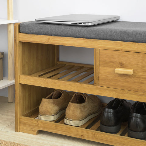 Rootz Bamboo Shoe Bench with Cushion - Shoe Rack - Storage Bench - 2 Shelves and Drawer - Space-Saving - Comfortable Seating - Eco-Friendly - 91cm x 45cm x 34cm