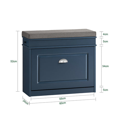 Rootz Shoe Storage Bench - Entryway Organizer - Blue MDF Shoe Cabinet - Includes Seat Cushion - Space-Saving 60x52x24cm