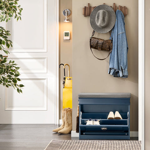 Rootz Shoe Storage Bench - Entryway Organizer - Blue MDF Shoe Cabinet - Includes Seat Cushion - Space-Saving 60x52x24cm