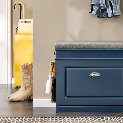 Rootz Shoe Storage Bench - Entryway Organizer - Blue MDF Shoe Cabinet - Includes Seat Cushion - Space-Saving 60x52x24cm