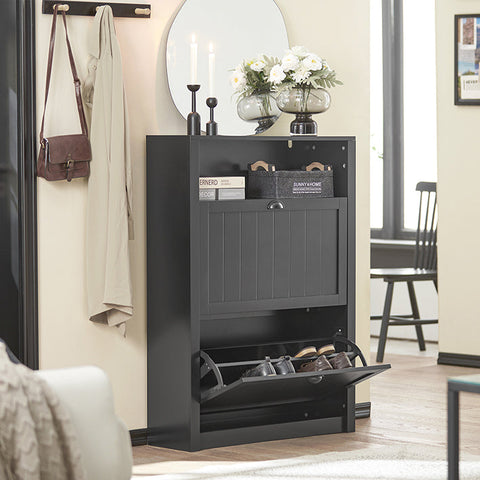 Rootz Shoe Cabinet with 2 Flaps - Shoe Tipper - Shoe Dresser - Sturdy MDF Construction - Extra Storage Compartment - Wall Attachable - 80cm x 110cm x 24cm - Black