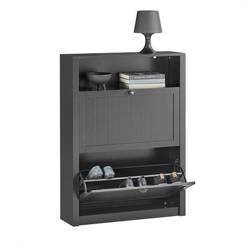 Rootz Shoe Cabinet with 2 Flaps - Shoe Tipper - Shoe Dresser - Sturdy MDF Construction - Extra Storage Compartment - Wall Attachable - 80cm x 110cm x 24cm - Black