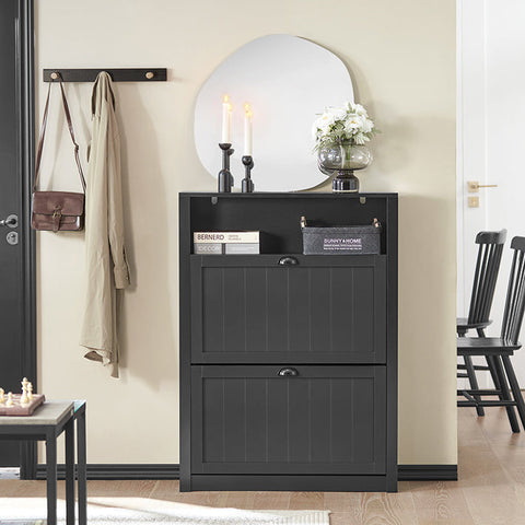 Rootz Shoe Cabinet with 2 Flaps - Shoe Tipper - Shoe Dresser - Sturdy MDF Construction - Extra Storage Compartment - Wall Attachable - 80cm x 110cm x 24cm - Black