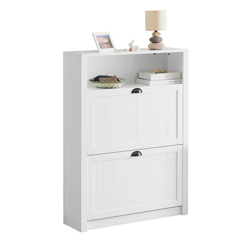 Rootz White Shoe Cabinet with 2 Flaps - Shoe Tipper - Shoe Dresser - Sturdy MDF Construction - Extra Storage Compartment - Wall Attachable - 80cm x 110cm x 24cm