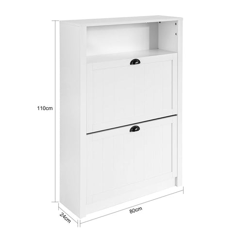 Rootz White Shoe Cabinet with 2 Flaps - Shoe Tipper - Shoe Dresser - Sturdy MDF Construction - Extra Storage Compartment - Wall Attachable - 80cm x 110cm x 24cm