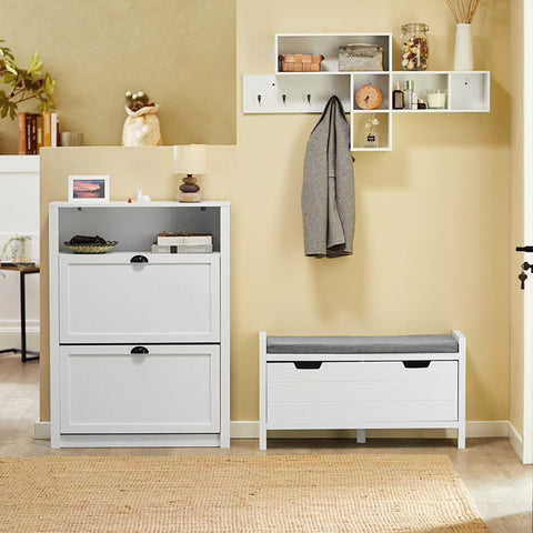 Rootz White Shoe Cabinet with 2 Flaps - Shoe Tipper - Shoe Dresser - Sturdy MDF Construction - Extra Storage Compartment - Wall Attachable - 80cm x 110cm x 24cm