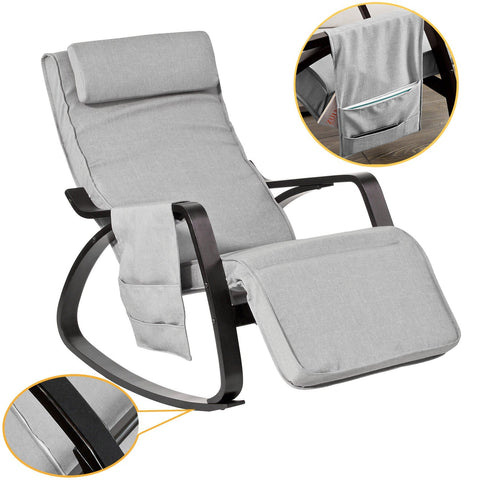 Rootz Adjustable Rocking Chair - Swing Chair - Nursing Chair - Birch Wood Frame - Removable Washable Cover - 5-Position Footrest - 120kg Load Capacity - Modern Design - Gray or Brown