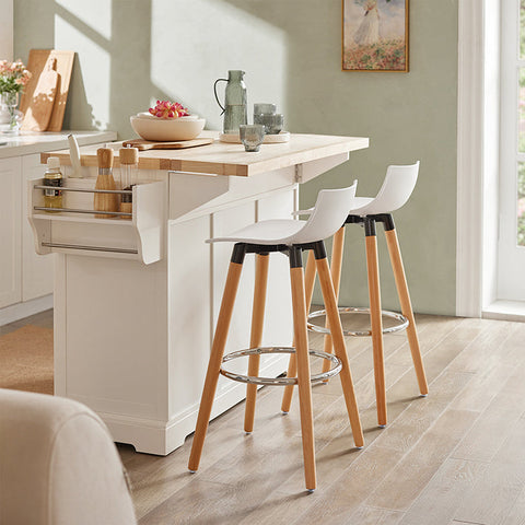 Rootz Modern Bar Stool - Counter Chair - Bar Chair - White - Thickly Padded - Easy Maintenance - Stable Beech Legs - 41cm x 84cm