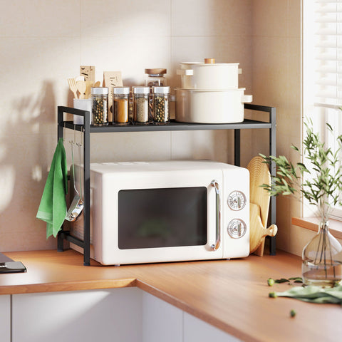Rootz Microwave Shelf - Kitchen Organizer - Extendable Rack - Space-Saving - Metal - 39.5-64 x 32 x 47.5 cm - Black