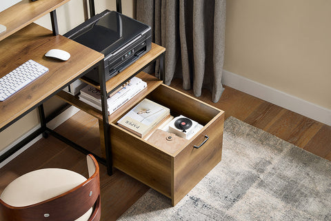 Rootz Desk Study Table - Workstation - Office Desk - Ample Storage - 143x90x50cm - Metal Frame - Brown Black Painted