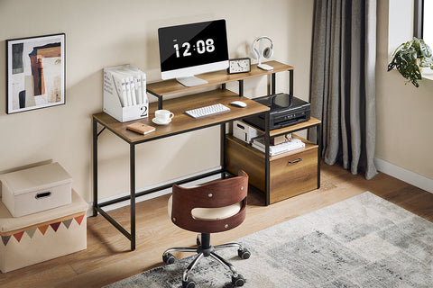 Rootz Desk Study Table - Workstation - Office Desk - Ample Storage - 143x90x50cm - Metal Frame - Brown Black Painted