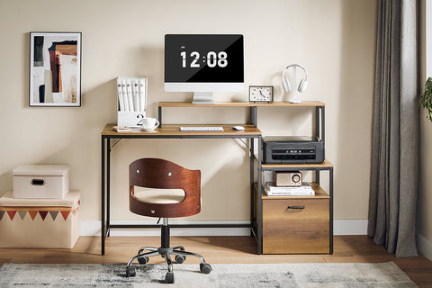 Rootz Desk Study Table - Workstation - Office Desk - Ample Storage - 143x90x50cm - Metal Frame - Brown Black Painted