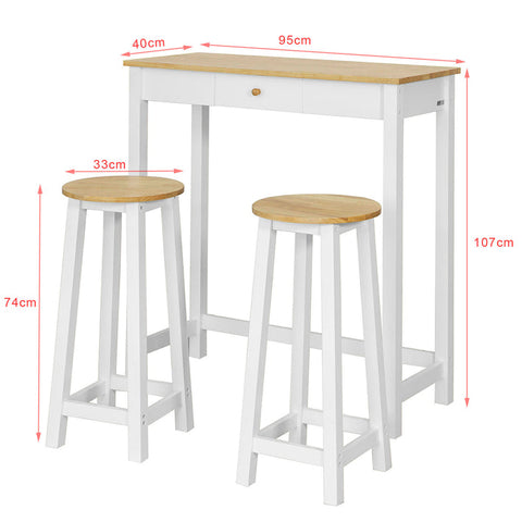 Rootz 3-Piece Bar Table Set - Bar Stools - Dining Set - Rubber Wood Top - Versatile Storage with Drawer - Includes 3 Side Hooks - Table: 95cm x 40cm x 107cm, Stools: 33cm x 74cm