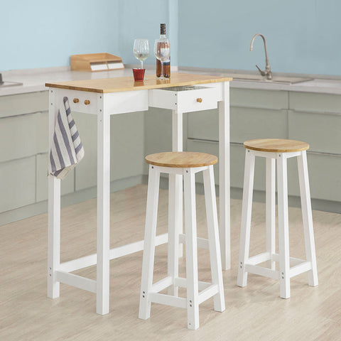 Rootz 3-Piece Bar Table Set - Bar Stools - Dining Set - Rubber Wood Top - Versatile Storage with Drawer - Includes 3 Side Hooks - Table: 95cm x 40cm x 107cm, Stools: 33cm x 74cm
