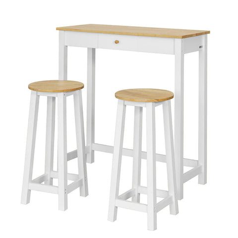 Rootz 3-Piece Bar Table Set - Bar Stools - Dining Set - Rubber Wood Top - Versatile Storage with Drawer - Includes 3 Side Hooks - Table: 95cm x 40cm x 107cm, Stools: 33cm x 74cm