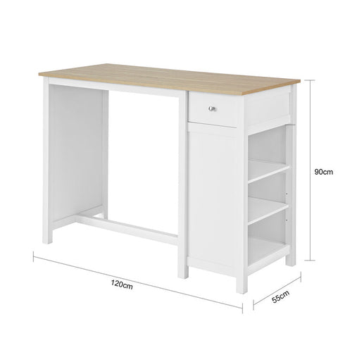 Rootz Kitchen Counter Breakfast Bar - Bistro Island - Storage Shelves - Front/Back Drawer - PB and MDF - 120x90x55cm - White - SoBuy Stool Compatible
