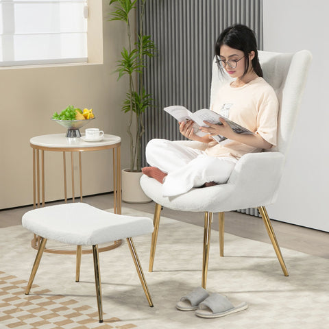 Rootz Wing Chair with Stool - Lounge Chair - Accent Chair - High Back Comfort - 73W x 68D x 111H cm, 52W x 38D x 40H cm, White Sherpa Cover, Gold Legs