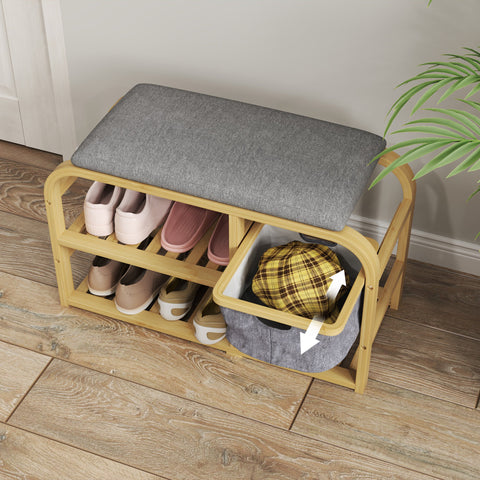 Rootz Shoe Bench with Shelves - Shoe Storage Bench - Bamboo Seat - Upholstered Seat - 70cm x 30cm x 45cm - Soft Comfort & Efficient Organization