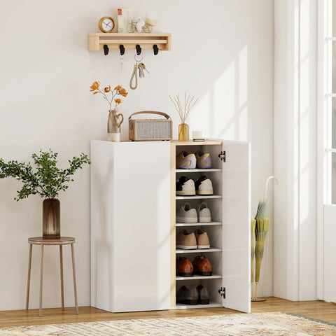 Rootz Shoe Cabinet - Shoe Organizer - Footwear Storage - Soft-Close Function - 70cm x 33.5cm - Holds 18 Pairs - Modern White  and Brown Design