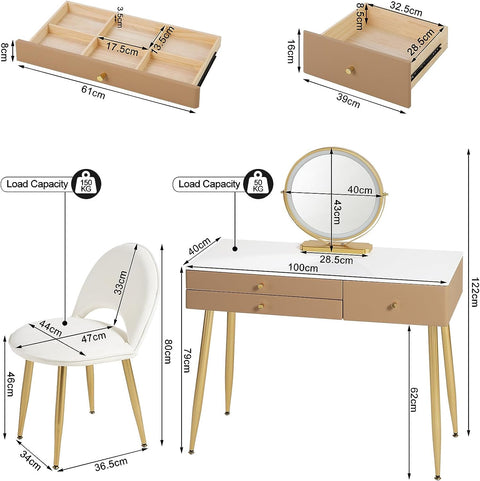 Rootz Adjustable Dressing Table Set - Vanity Table - Makeup Desk - LED Mirror - Ergonomic Stool - Ample Storage - 100cm x 122cm x 40cm