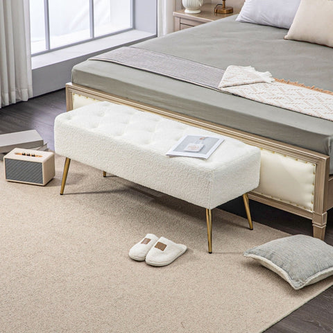 Rootz Bed Bench with Faux Lambswool Cover - Upholstered Bench - Bedroom Bench - Thick Padding - Steel Legs - Cream - 112cm x 41cm x 46cm