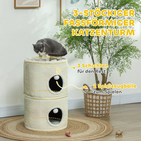 Rootz 3 Tier Cat Scratching Barrel - Cat Tower - Indoor Cat House - Sisal Cover Protects Furniture - Ø42 x 69H cm - Grey
