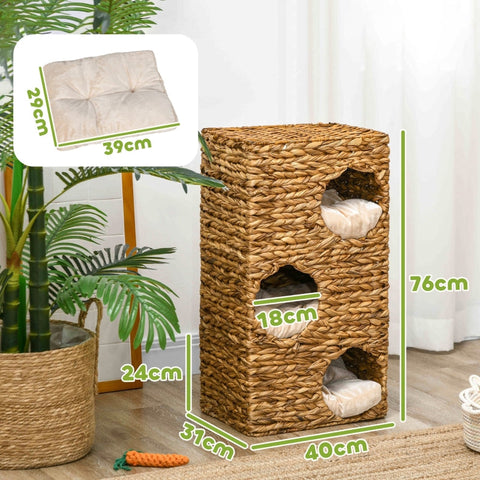 Rootz Cat Tower - Cat Scratching Post - Cat Condo - Water Hyacinth - Multi-level - Washable Cushions - 40cm x 31cm x 76cm