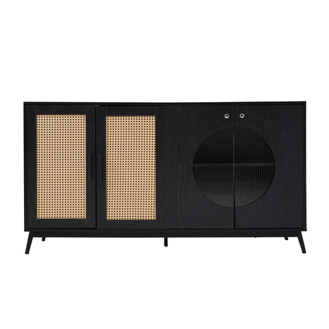 Rootz Sideboard with Rattan Glass Doors - Storage Cabinet - Buffet Table - Large Storage Space - 160L x 40W x 80H cm
