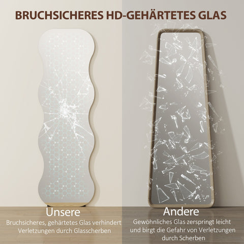 Rootz Full-Length Mirror - Standing Mirror - Floor Mirror - Shatterproof Safety Glass, Pine Wood Base, 160x50 cm, Black, Wave Design, Frameless