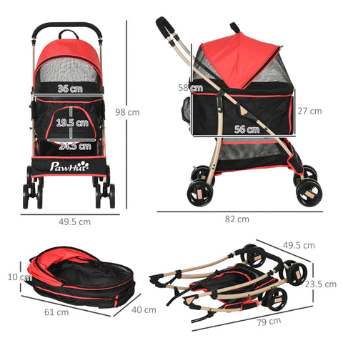 Rootz 2-in-1 Dog Buggy - Pet Stroller - Foldable Dog Trolley - 1 Basket - 1 Bag - Universal Wheel Brake - Red - 82cm x 49.5cm x 98cm