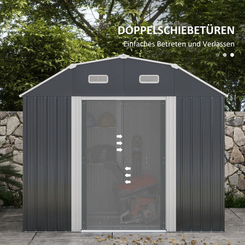 Rootz Garden Shed - Tool Shed - Storage Shed - Weather Resistant - 2 Windows - 2 Doors - 238cm x 132cm x 198.5cm - Dark Gray - Galvanized Steel