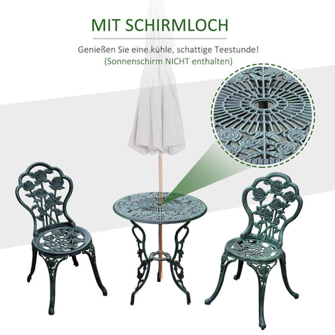 Rootz 3 Piece Bistro Set - Garden Furniture - Outdoor Patio Set - Antique Green - Weatherproof - Durable - Parasol Holder - Chair: W49 x D40 x H82 cm, Table: Ø60 x H69 cm