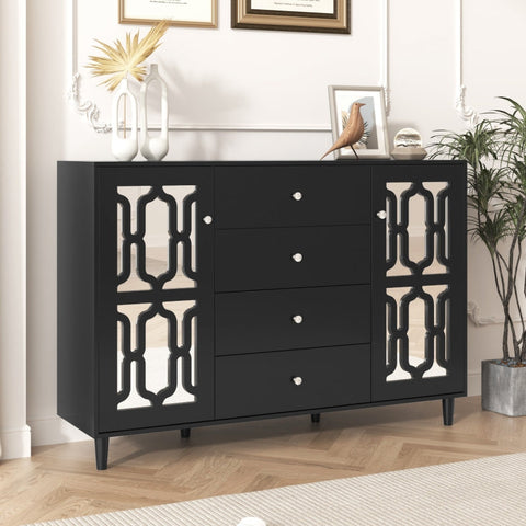 Rootz Black Mirrored Sideboard - Buffet Cabinet - Storage Unit - Crystal Handles - 147.5cm x 40cm x 102cm
