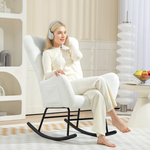 Rootz Rocking Chair - Fluffy Chair - Glider Chair - Luxurious Comfort - 67cm x 95cm x 100cm - White