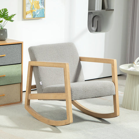 Rootz Rocking Chair - Still Chair - Wool Bouclé Fabric Seats - Relaxation Comfort - Solid Rubber Wood Legs - 60cm x 81cm x 71cm